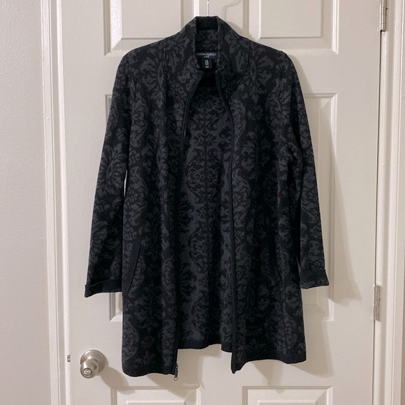NWOT black and grey damask print zip up long sleeve sweater - Picture 1 of 7